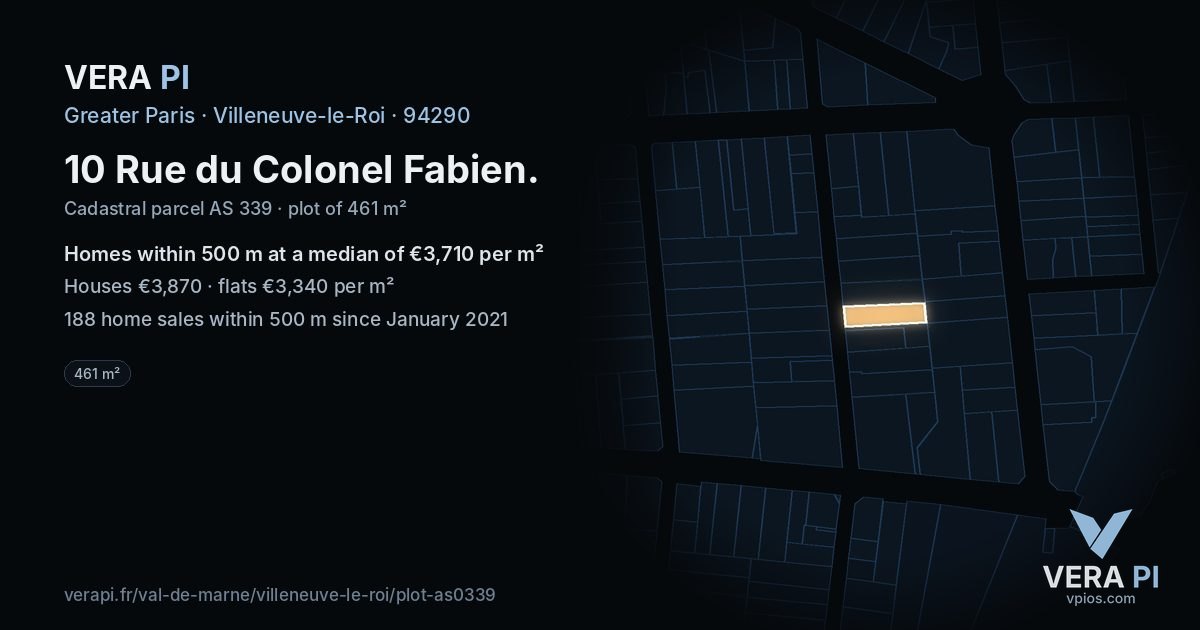 10 Rue du Colonel Fabien, Villeneuve-le-Roi at night – the plot lit, the parcels around coloured by the prices near them