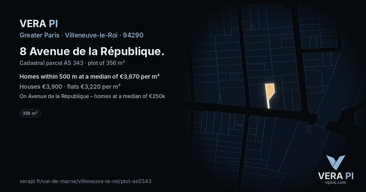 8 Avenue de la République, Villeneuve-le-Roi at night – the plot lit, the parcels around coloured by the prices near them