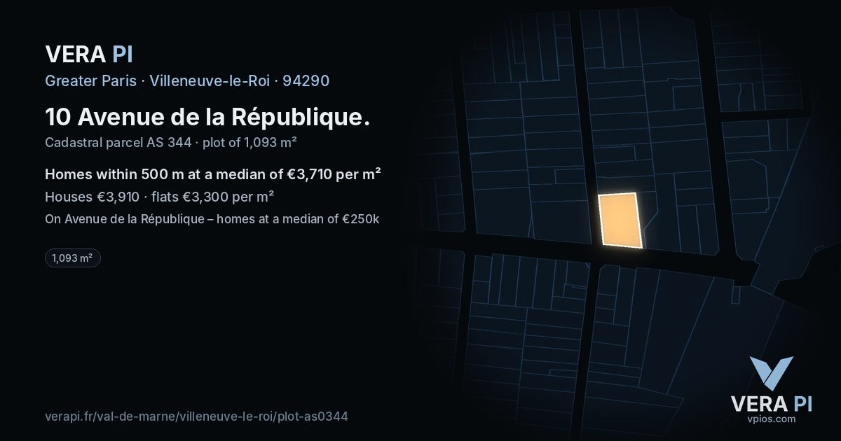 10 Avenue de la République, Villeneuve-le-Roi at night – the plot lit, the parcels around coloured by the prices near them