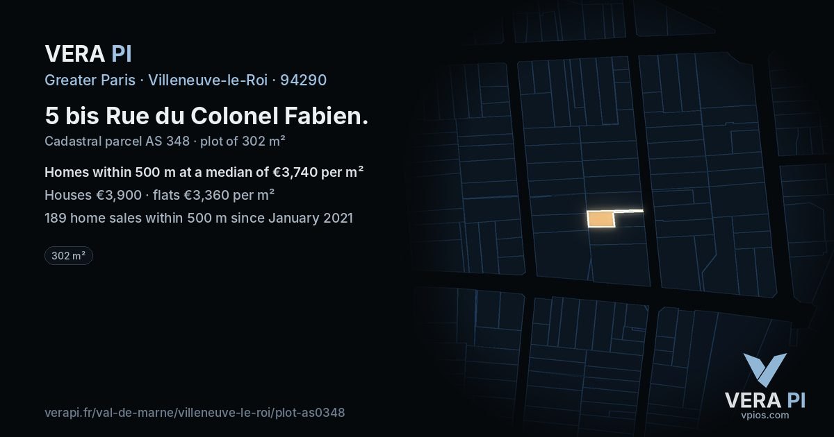 5 bis Rue du Colonel Fabien, Villeneuve-le-Roi at night – the plot lit, the parcels around coloured by the prices near them