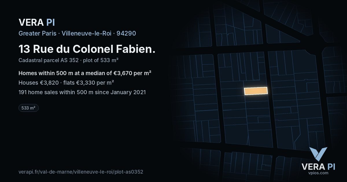 13 Rue du Colonel Fabien, Villeneuve-le-Roi at night – the plot lit, the parcels around coloured by the prices near them