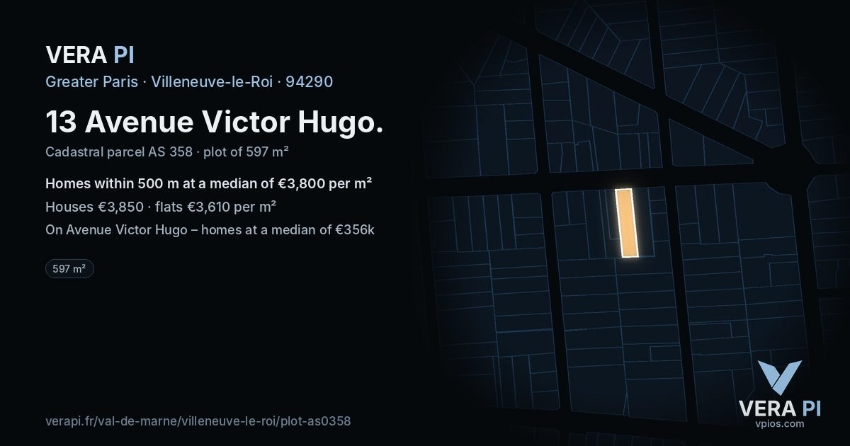 13 Avenue Victor Hugo, Villeneuve-le-Roi at night – the plot lit, the parcels around coloured by the prices near them