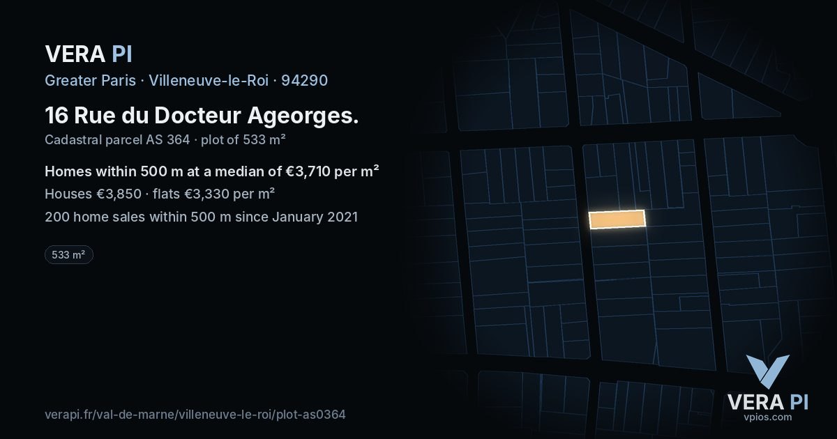 16 Rue du Docteur Ageorges, Villeneuve-le-Roi at night – the plot lit, the parcels around coloured by the prices near them