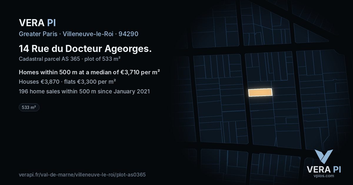 14 Rue du Docteur Ageorges, Villeneuve-le-Roi at night – the plot lit, the parcels around coloured by the prices near them