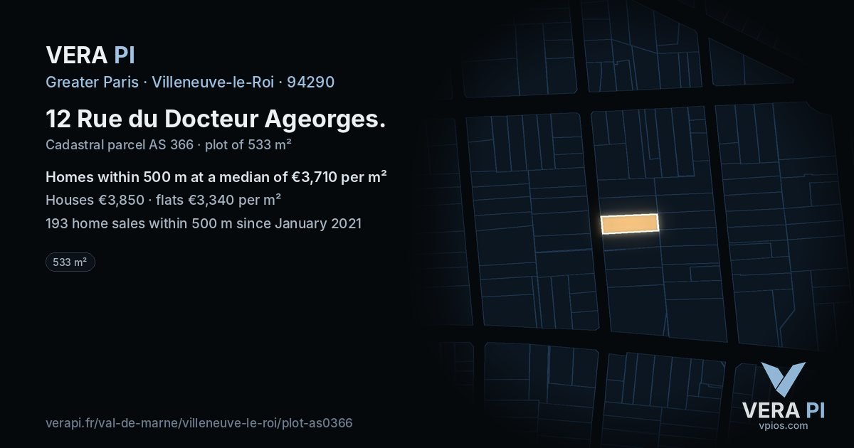 12 Rue du Docteur Ageorges, Villeneuve-le-Roi at night – the plot lit, the parcels around coloured by the prices near them