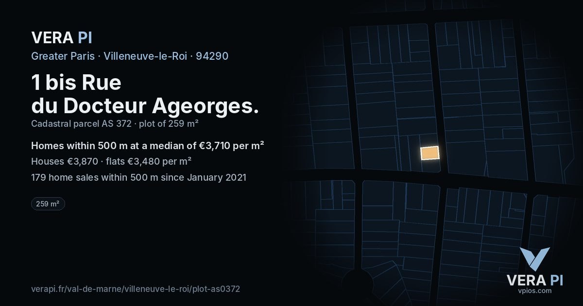 1 bis Rue du Docteur Ageorges, Villeneuve-le-Roi at night – the plot lit, the parcels around coloured by the prices near them