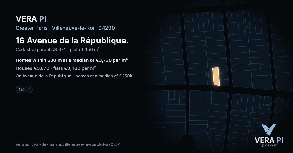 16 Avenue de la République, Villeneuve-le-Roi at night – the plot lit, the parcels around coloured by the prices near them