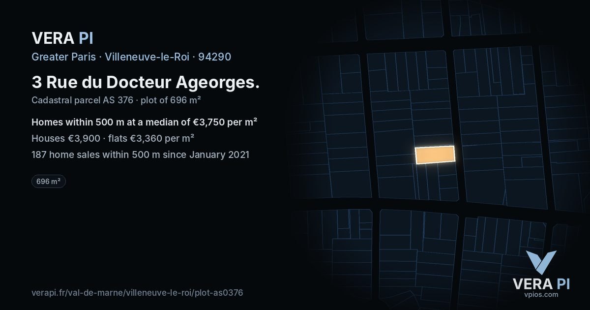 3 Rue du Docteur Ageorges, Villeneuve-le-Roi at night – the plot lit, the parcels around coloured by the prices near them