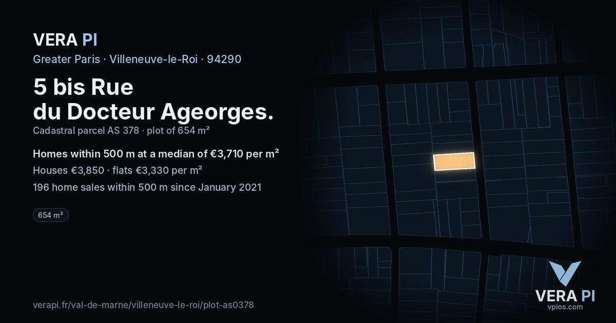 5 bis Rue du Docteur Ageorges, Villeneuve-le-Roi at night – the plot lit, the parcels around coloured by the prices near them
