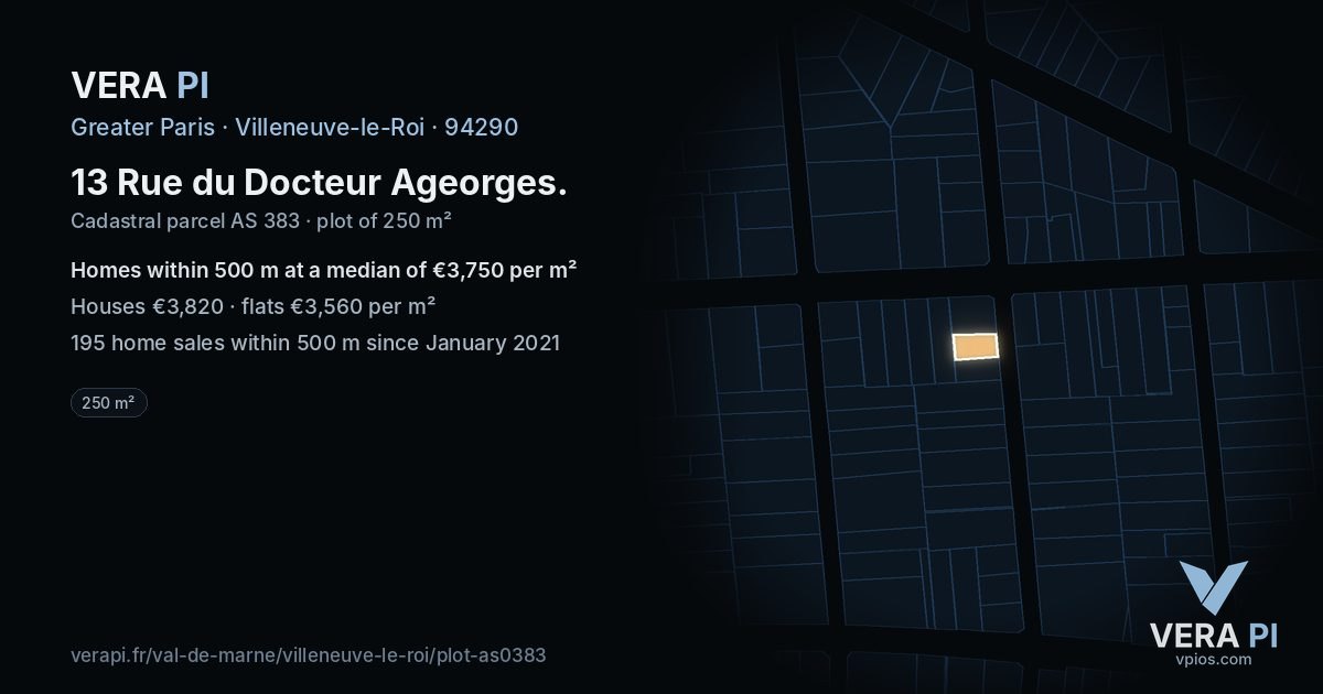 13 Rue du Docteur Ageorges, Villeneuve-le-Roi at night – the plot lit, the parcels around coloured by the prices near them