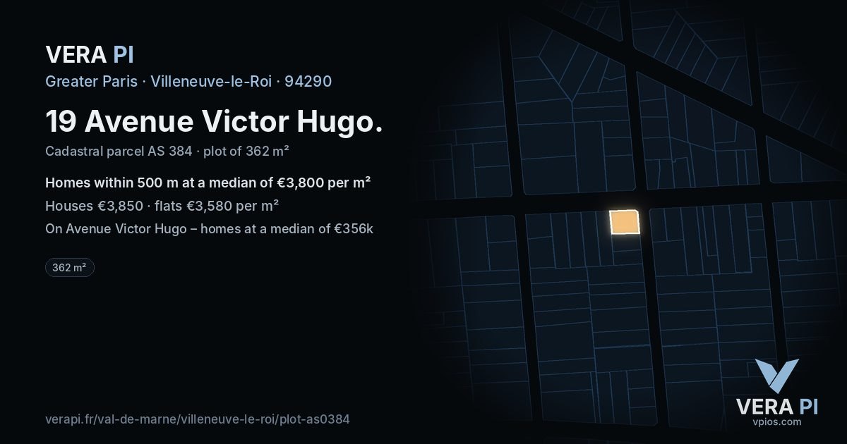19 Avenue Victor Hugo, Villeneuve-le-Roi at night – the plot lit, the parcels around coloured by the prices near them