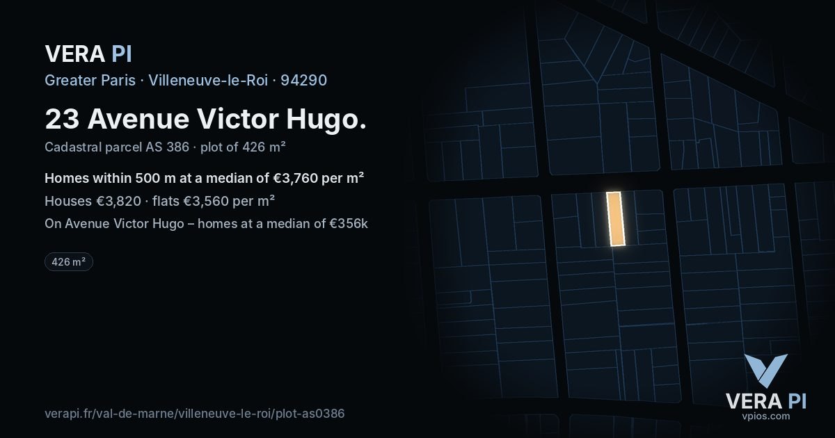 23 Avenue Victor Hugo, Villeneuve-le-Roi at night – the plot lit, the parcels around coloured by the prices near them