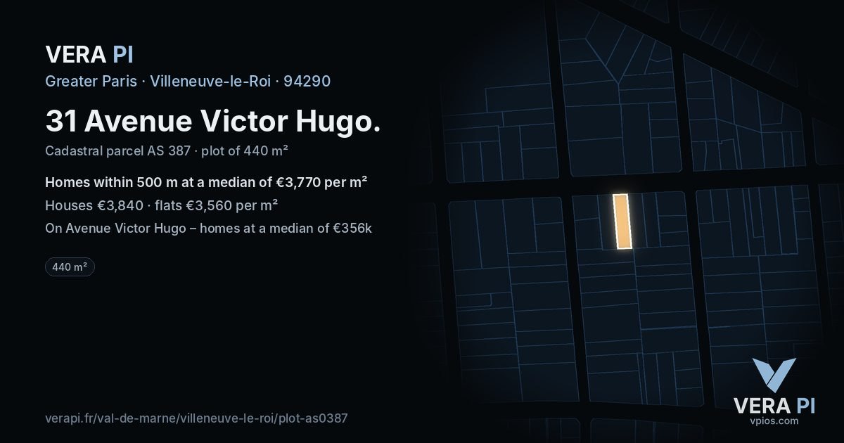 31 Avenue Victor Hugo, Villeneuve-le-Roi at night – the plot lit, the parcels around coloured by the prices near them