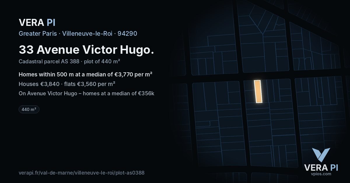 33 Avenue Victor Hugo, Villeneuve-le-Roi at night – the plot lit, the parcels around coloured by the prices near them
