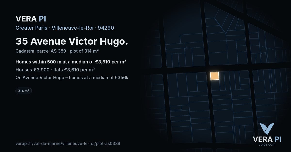 35 Avenue Victor Hugo, Villeneuve-le-Roi at night – the plot lit, the parcels around coloured by the prices near them