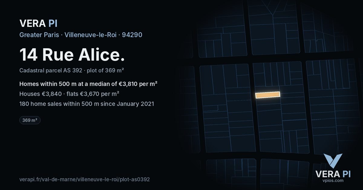 14 Rue Alice, Villeneuve-le-Roi at night – the plot lit, the parcels around coloured by the prices near them