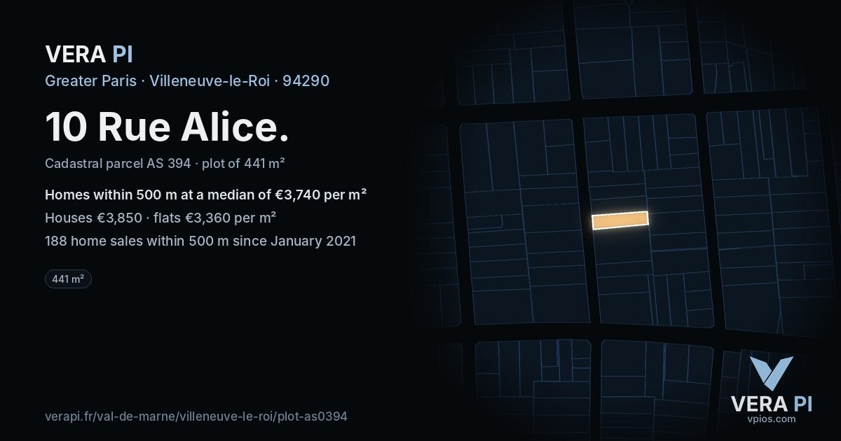 10 Rue Alice, Villeneuve-le-Roi at night – the plot lit, the parcels around coloured by the prices near them