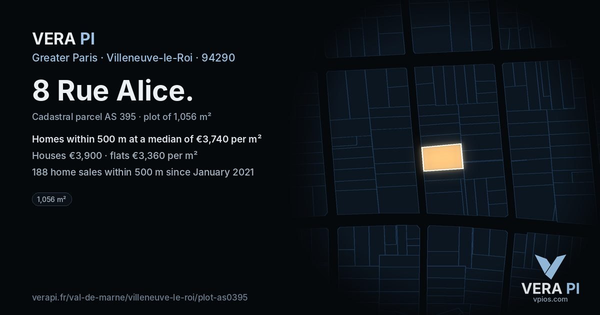 8 Rue Alice, Villeneuve-le-Roi at night – the plot lit, the parcels around coloured by the prices near them