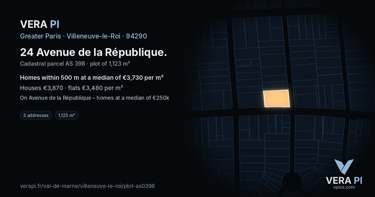 24 Avenue de la République, Villeneuve-le-Roi at night – the plot lit, the parcels around coloured by the prices near them