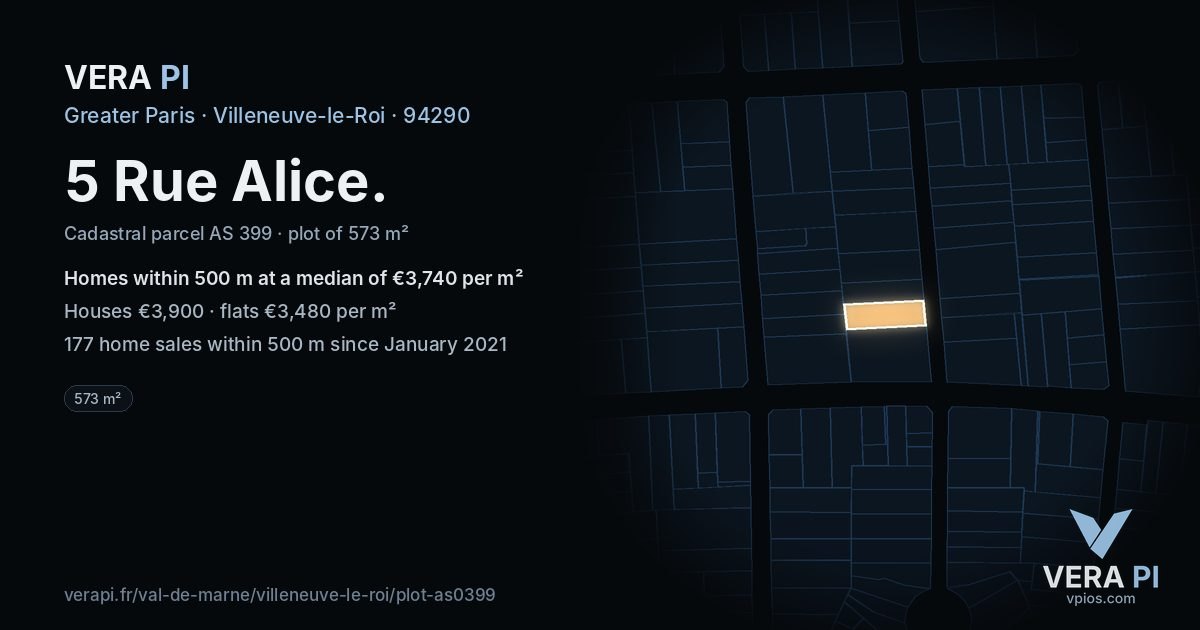 5 Rue Alice, Villeneuve-le-Roi at night – the plot lit, the parcels around coloured by the prices near them