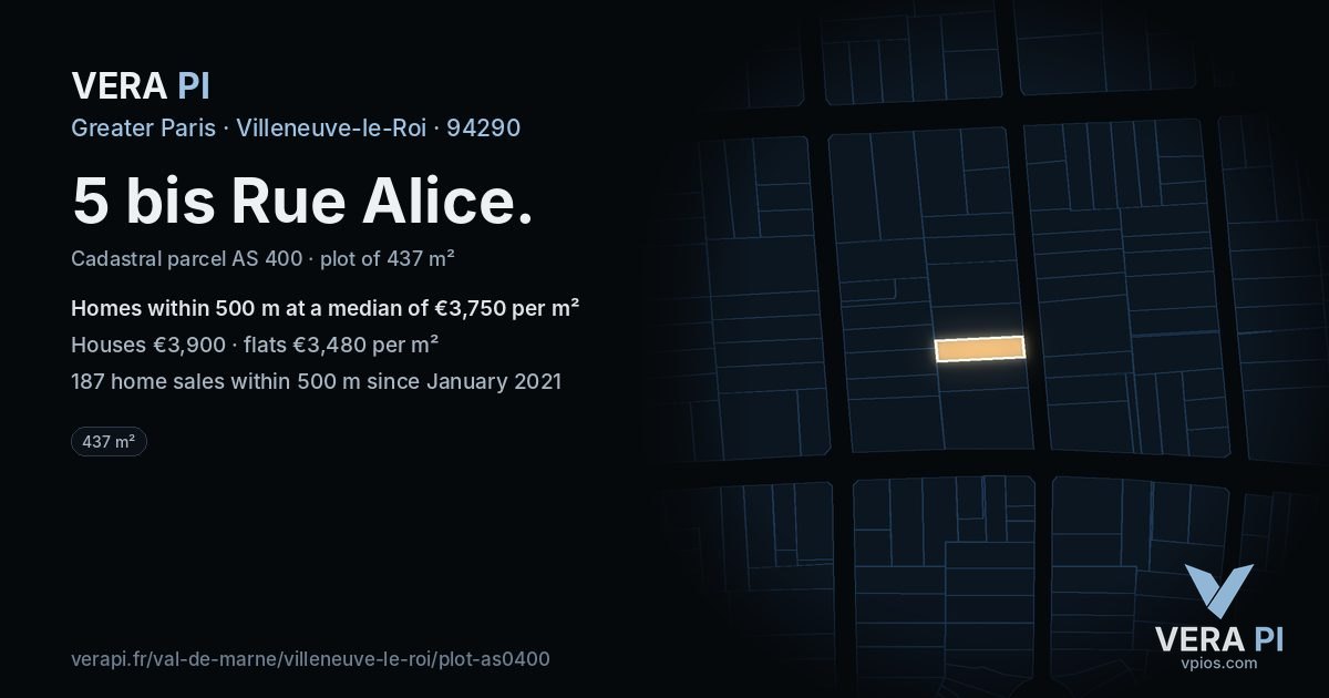 5 bis Rue Alice, Villeneuve-le-Roi at night – the plot lit, the parcels around coloured by the prices near them