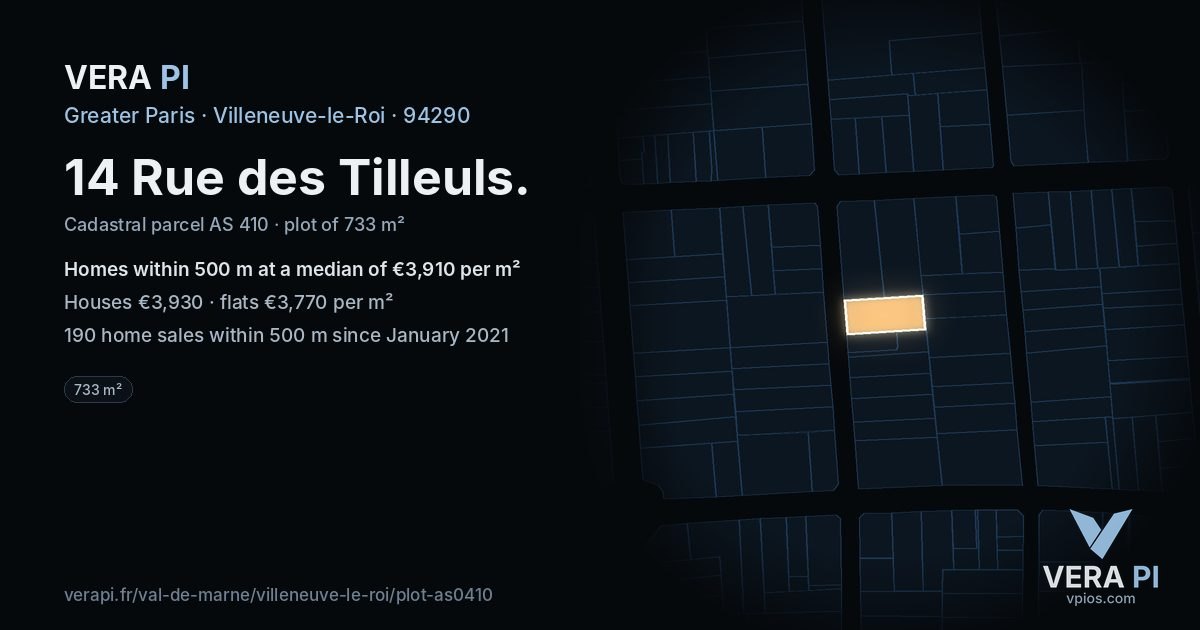 14 Rue des Tilleuls, Villeneuve-le-Roi at night – the plot lit, the parcels around coloured by the prices near them