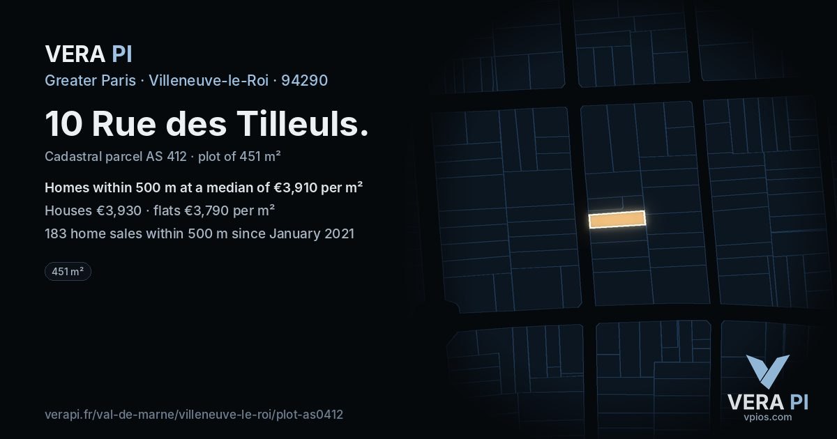 10 Rue des Tilleuls, Villeneuve-le-Roi at night – the plot lit, the parcels around coloured by the prices near them