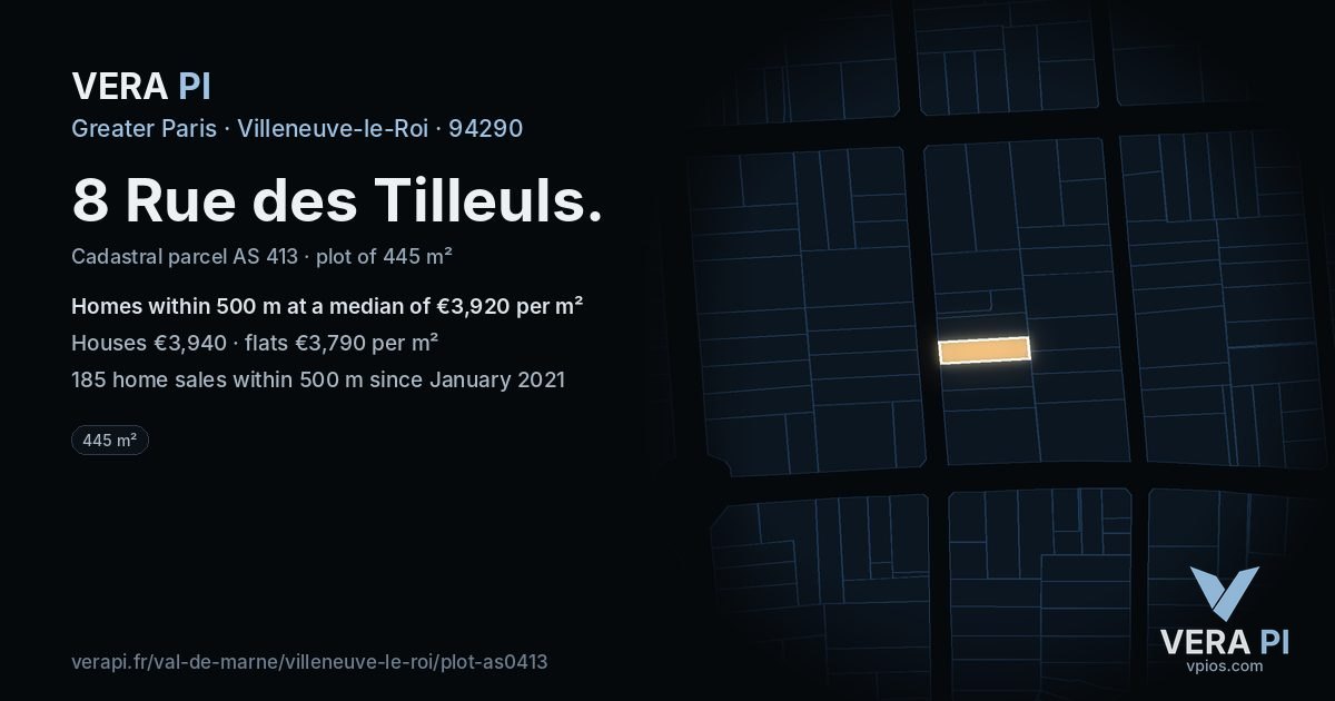 8 Rue des Tilleuls, Villeneuve-le-Roi at night – the plot lit, the parcels around coloured by the prices near them