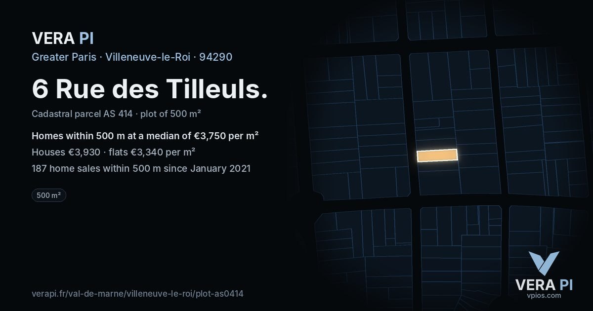 6 Rue des Tilleuls, Villeneuve-le-Roi at night – the plot lit, the parcels around coloured by the prices near them