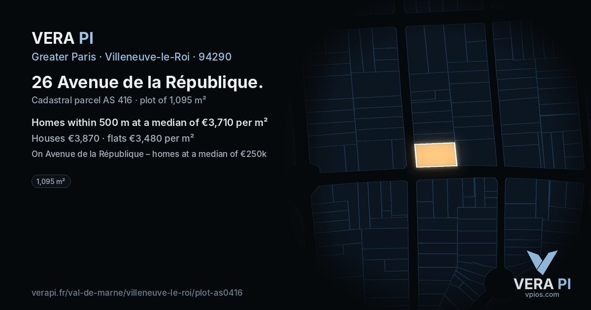 26 Avenue de la République, Villeneuve-le-Roi at night – the plot lit, the parcels around coloured by the prices near them