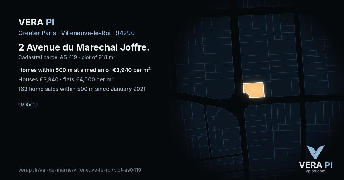 2 Avenue du Marechal Joffre, Villeneuve-le-Roi at night – the plot lit, the parcels around coloured by the prices near them