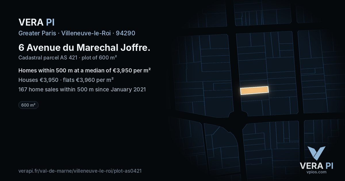 6 Avenue du Marechal Joffre, Villeneuve-le-Roi at night – the plot lit, the parcels around coloured by the prices near them