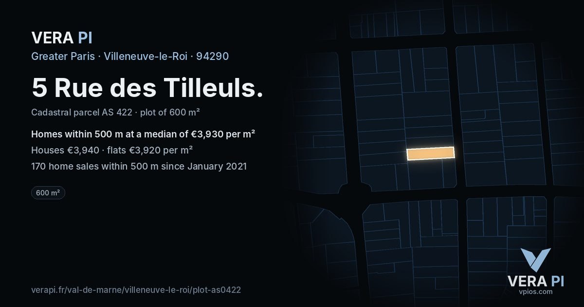 5 Rue des Tilleuls, Villeneuve-le-Roi at night – the plot lit, the parcels around coloured by the prices near them
