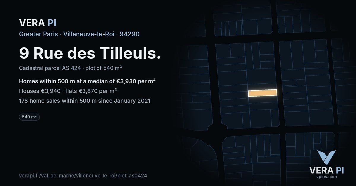 9 Rue des Tilleuls, Villeneuve-le-Roi at night – the plot lit, the parcels around coloured by the prices near them