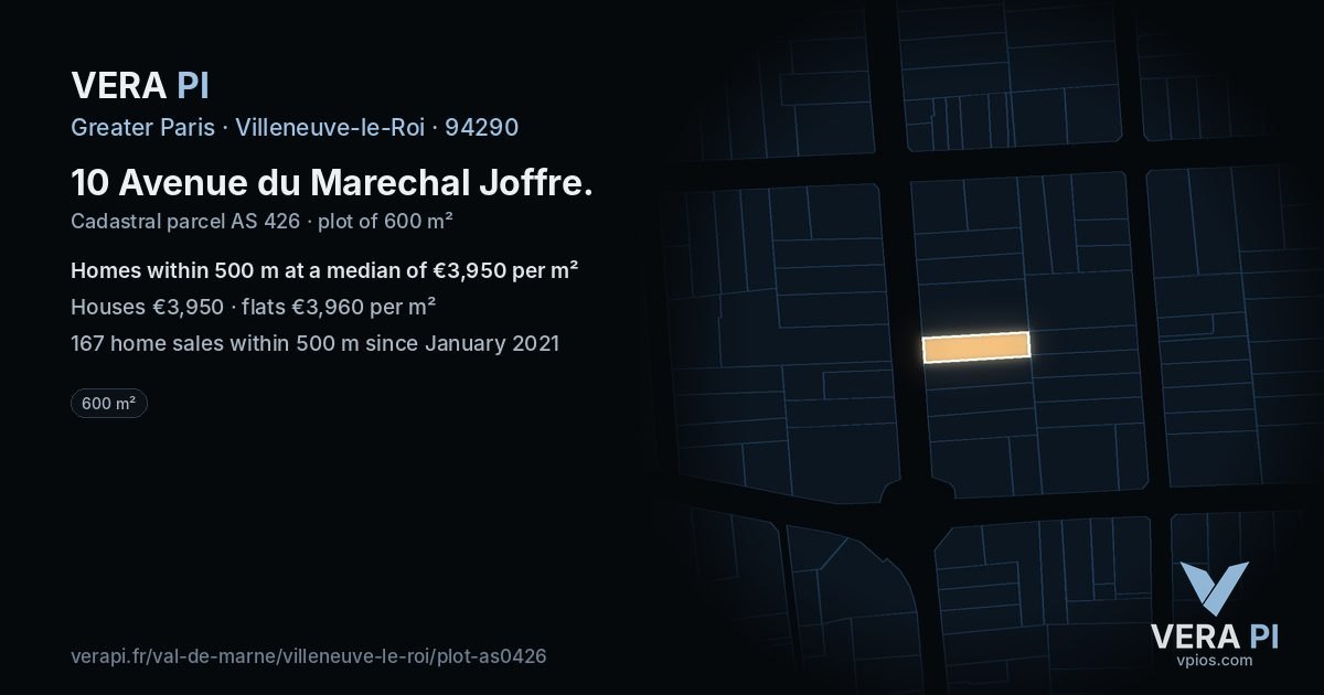 10 Avenue du Marechal Joffre, Villeneuve-le-Roi at night – the plot lit, the parcels around coloured by the prices near them