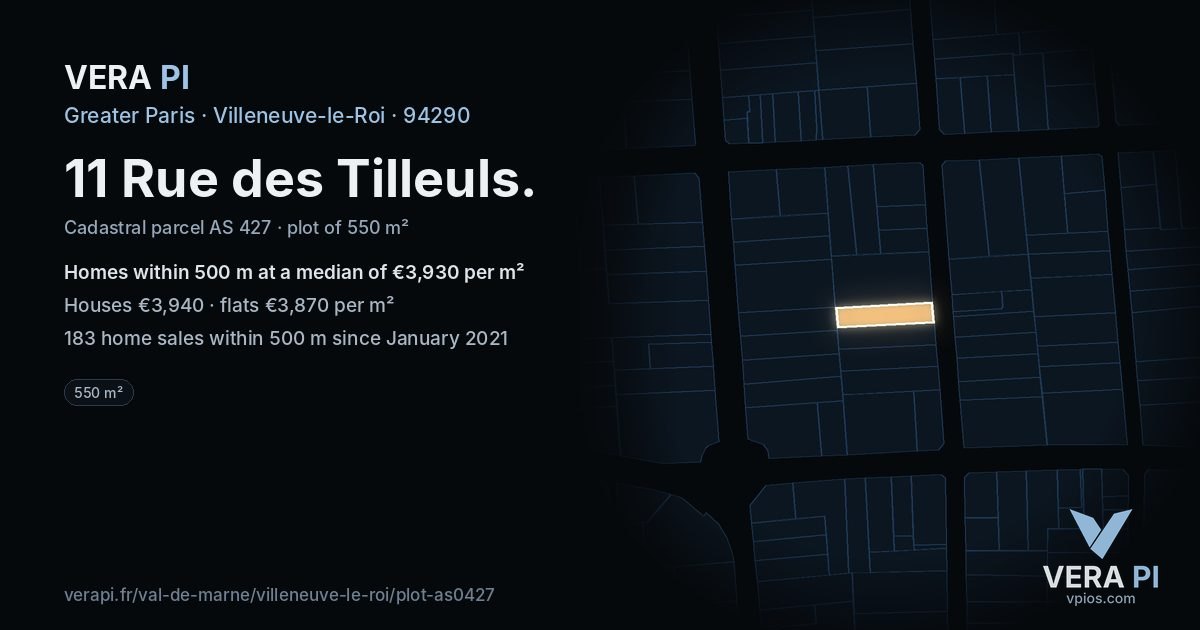 11 Rue des Tilleuls, Villeneuve-le-Roi at night – the plot lit, the parcels around coloured by the prices near them