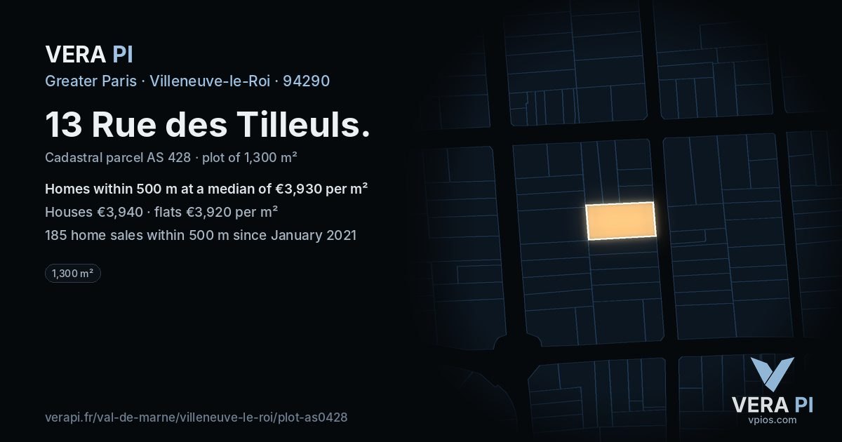 13 Rue des Tilleuls, Villeneuve-le-Roi at night – the plot lit, the parcels around coloured by the prices near them
