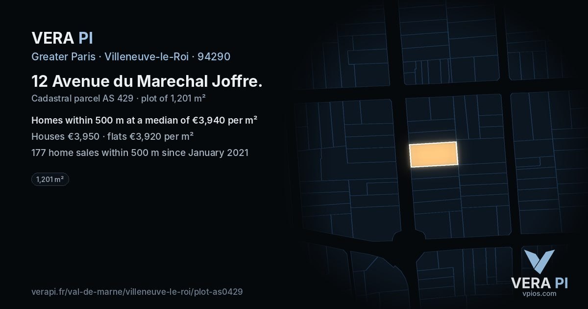 12 Avenue du Marechal Joffre, Villeneuve-le-Roi at night – the plot lit, the parcels around coloured by the prices near them