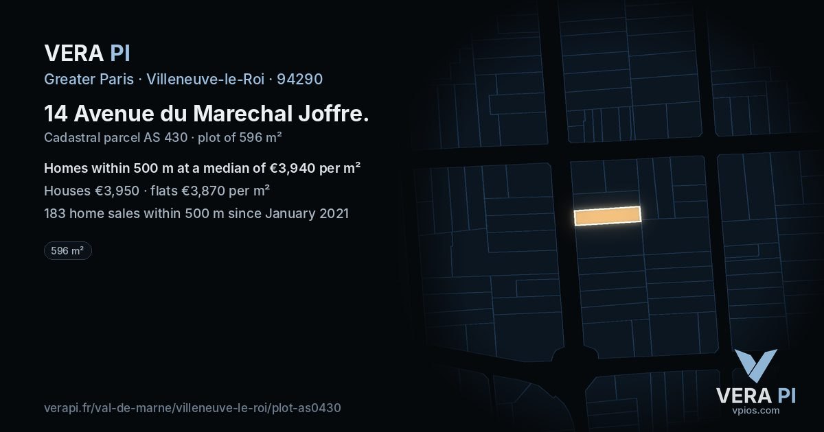 14 Avenue du Marechal Joffre, Villeneuve-le-Roi at night – the plot lit, the parcels around coloured by the prices near them