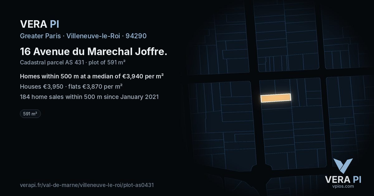 16 Avenue du Marechal Joffre, Villeneuve-le-Roi at night – the plot lit, the parcels around coloured by the prices near them