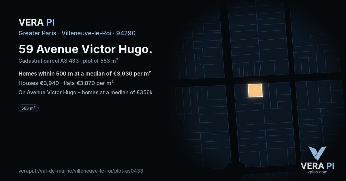 59 Avenue Victor Hugo, Villeneuve-le-Roi at night – the plot lit, the parcels around coloured by the prices near them