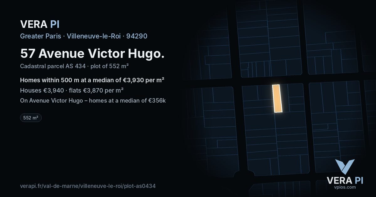 57 Avenue Victor Hugo, Villeneuve-le-Roi at night – the plot lit, the parcels around coloured by the prices near them