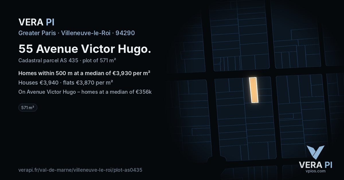 55 Avenue Victor Hugo, Villeneuve-le-Roi at night – the plot lit, the parcels around coloured by the prices near them