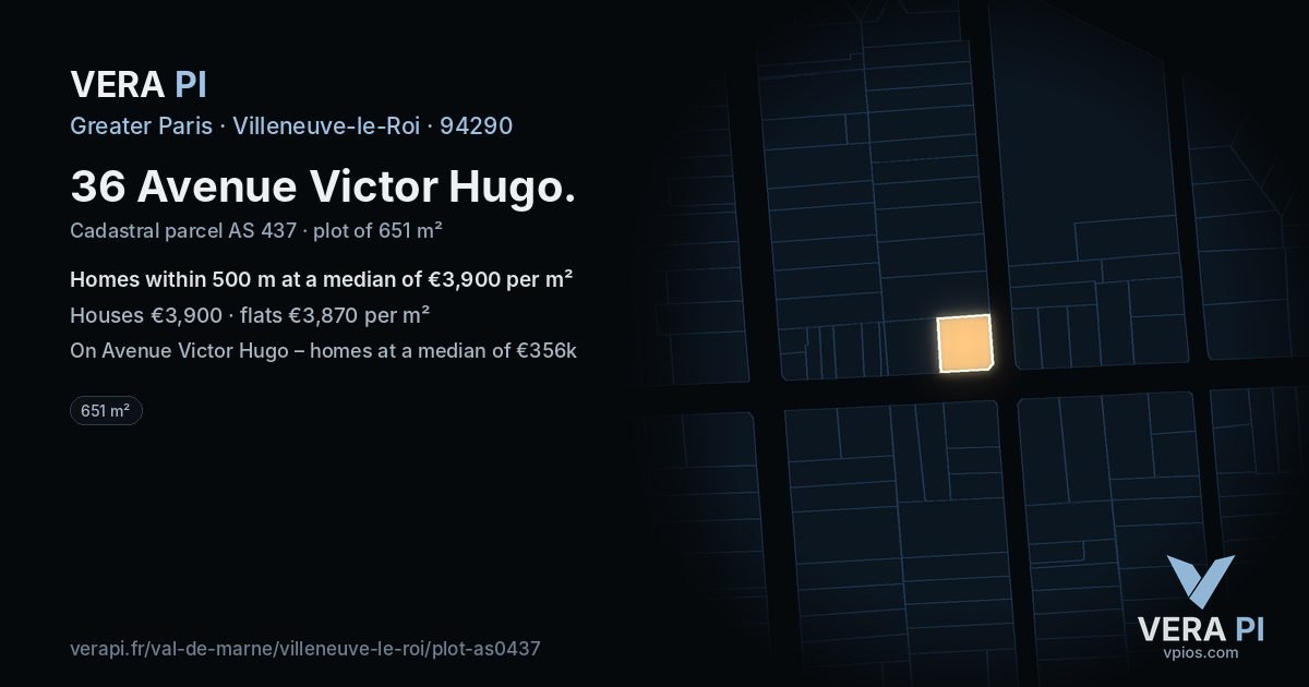 36 Avenue Victor Hugo, Villeneuve-le-Roi at night – the plot lit, the parcels around coloured by the prices near them