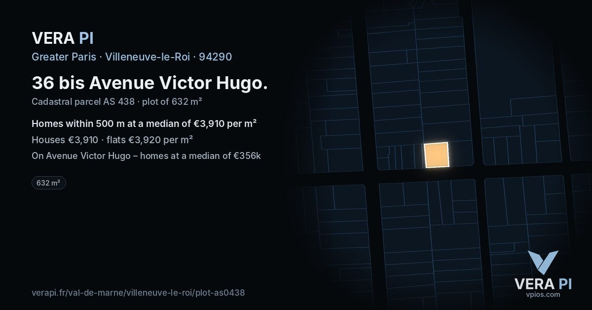 36 bis Avenue Victor Hugo, Villeneuve-le-Roi at night – the plot lit, the parcels around coloured by the prices near them