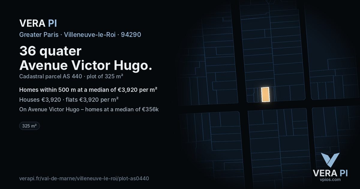36 quater Avenue Victor Hugo, Villeneuve-le-Roi at night – the plot lit, the parcels around coloured by the prices near them