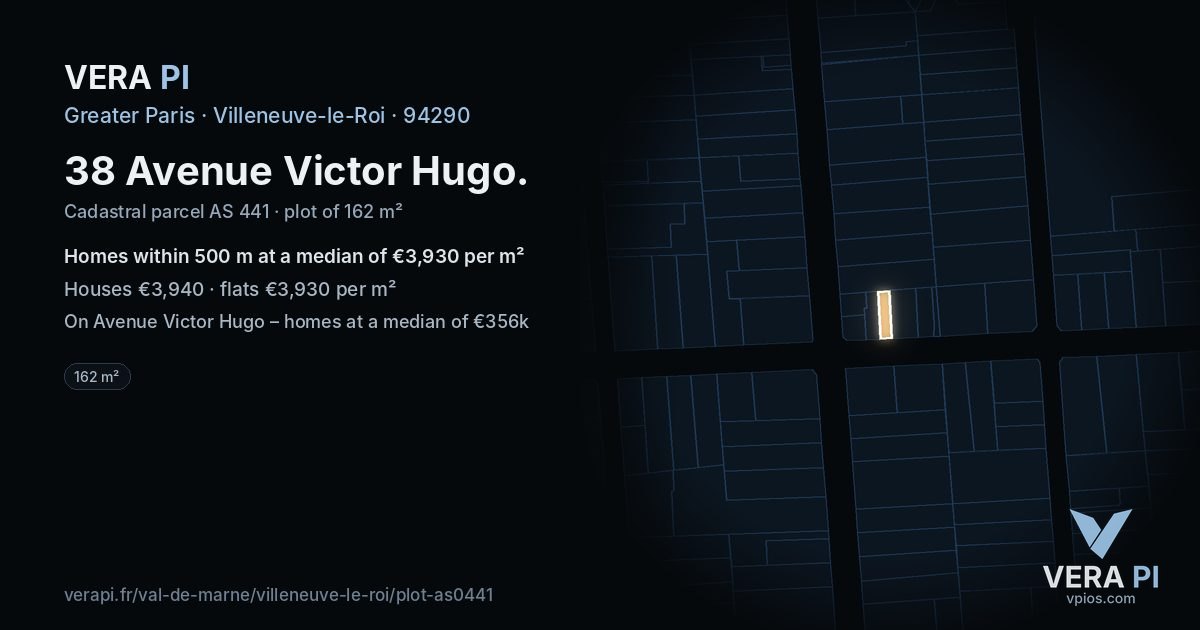 38 Avenue Victor Hugo, Villeneuve-le-Roi at night – the plot lit, the parcels around coloured by the prices near them