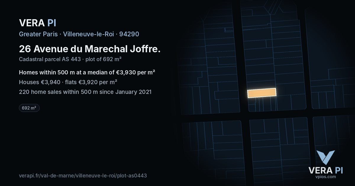 26 Avenue du Marechal Joffre, Villeneuve-le-Roi at night – the plot lit, the parcels around coloured by the prices near them