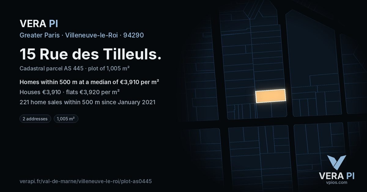 15 Rue des Tilleuls, Villeneuve-le-Roi at night – the plot lit, the parcels around coloured by the prices near them