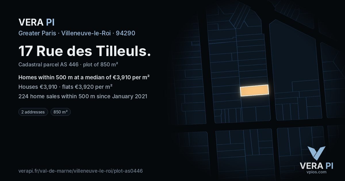 17 Rue des Tilleuls, Villeneuve-le-Roi at night – the plot lit, the parcels around coloured by the prices near them